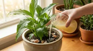 Mano che versa fertilizzante naturale liquido in un vaso con pianta verde da interno su davanzale, con gusci d’uovo nel terriccio