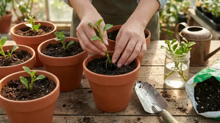 Mani che piantano una talea in un vaso di terracotta con terriccio su un tavolo da giardinaggio