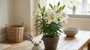 Giglio bianco in vaso su tavolo di legno vicino a una finestra, per profumare la casa in modo naturale