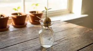 Seme di avocado germogliato in un bicchiere d’acqua con stuzzicadenti, con radici e giovane piantina sul tavolo