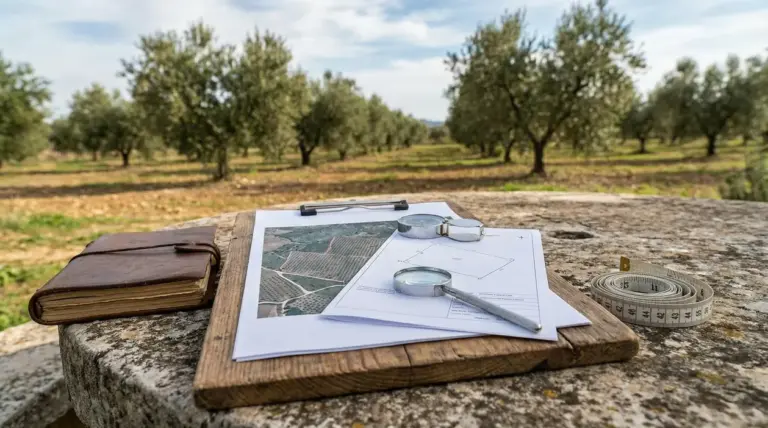 Documenti e mappa catastale con lente e metro su tavolo, davanti a un terreno agricolo con ulivi