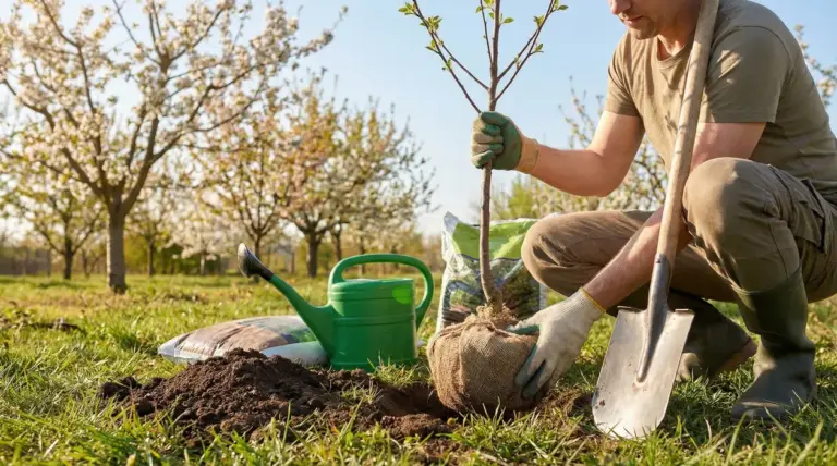 Una persona pianta un giovane albero da frutto con pala e annaffiatoio in un frutteto in primavera