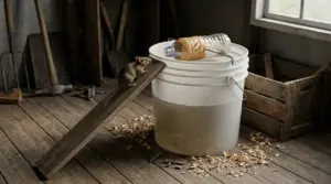 Trappola fai da te per topi con secchio, tavola-rampa e bottiglia con esca in un locale di servizio