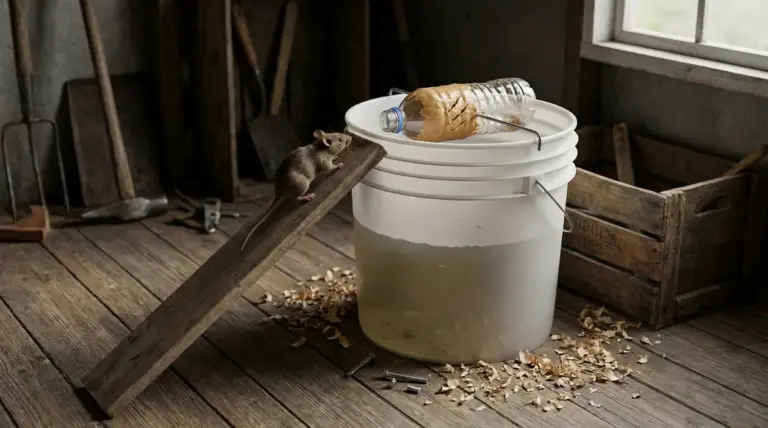 Trappola fai da te per topi con secchio, tavola-rampa e bottiglia con esca in un locale di servizio