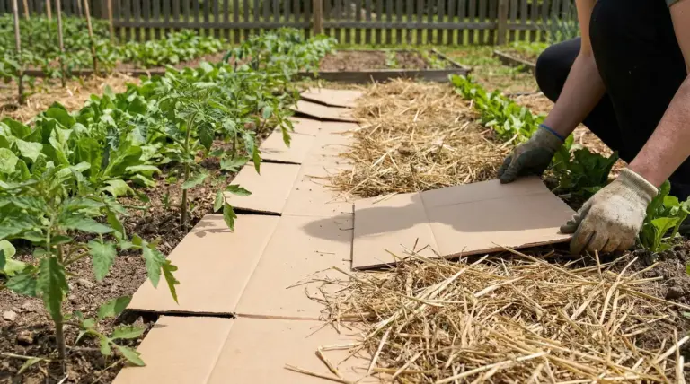 Persona che stende cartone nell’orto tra le file di ortaggi, con paglia sopra, per pacciamatura naturale