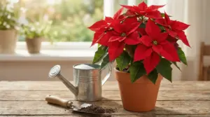 Stella di Natale rossa in vaso su tavolo di legno con annaffiatoio e paletta, vicino a una finestra luminosa