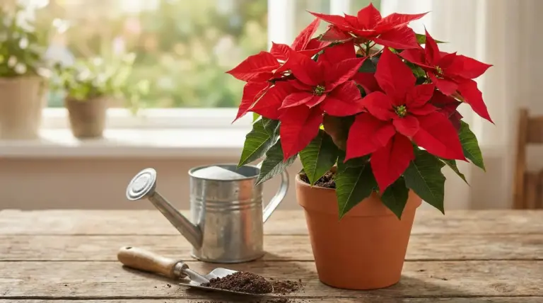 Stella di Natale rossa in vaso su tavolo di legno con annaffiatoio e paletta, vicino a una finestra luminosa