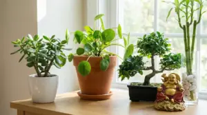 Piante portafortuna feng shui su un tavolo vicino alla finestra: succulenta, pilea, bonsai e bambù della fortuna