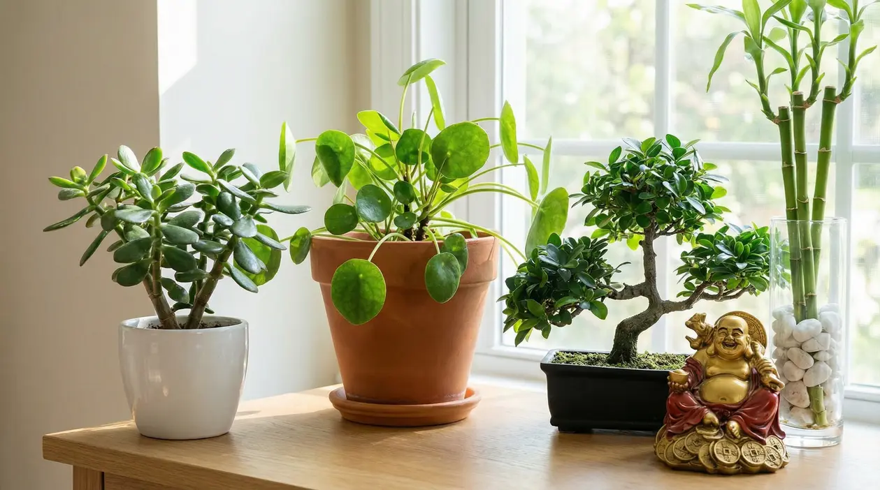 Piante portafortuna feng shui su un tavolo vicino alla finestra: succulenta, pilea, bonsai e bambù della fortuna