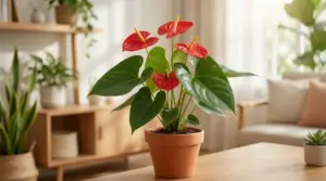 Anthurium in vaso di terracotta in soggiorno luminoso, con foglie verdi lucide e fiori rossi