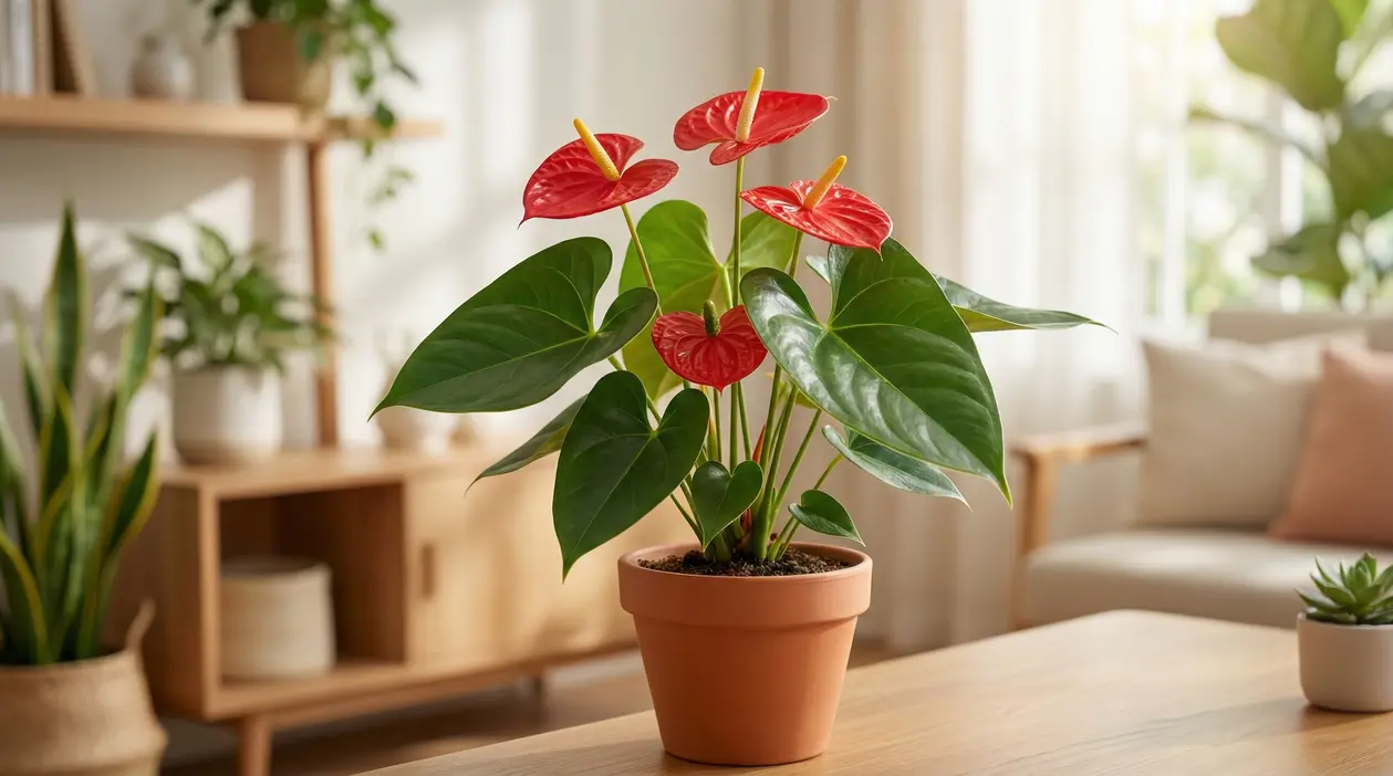 Anthurium in vaso di terracotta in soggiorno luminoso, con foglie verdi lucide e fiori rossi