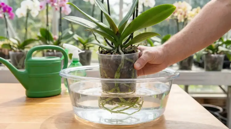 Mano che immerge un’orchidea in vaso trasparente in una ciotola d’acqua per l’irrigazione a immersione