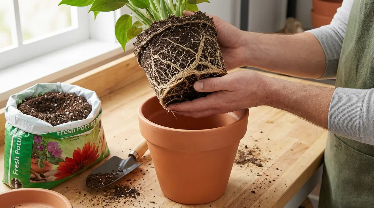 Persona rinvasa una pianta in vaso di terracotta, mostrando radici intrecciate e terriccio su un banco da lavoro
