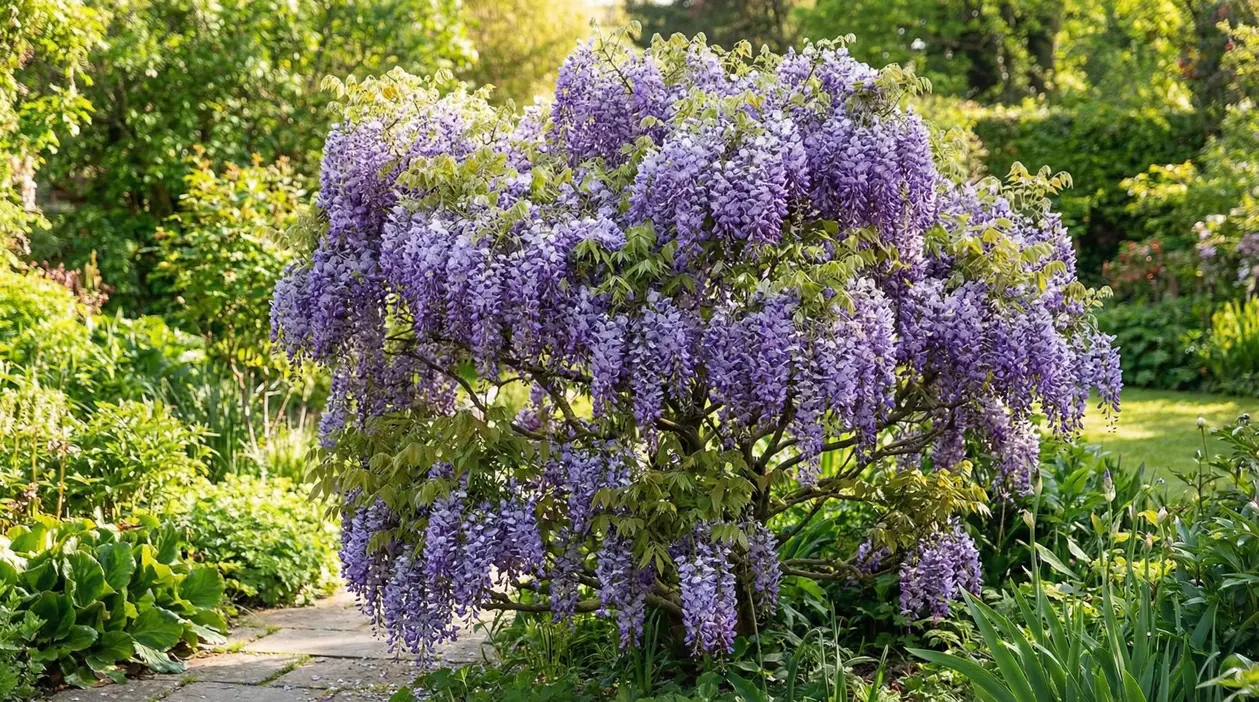 Glicine in fiore con grappoli viola a cascata, in giardino verde lungo un sentiero