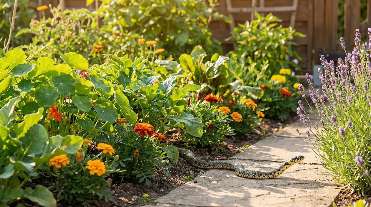 Serpente su un vialetto in giardino tra aiuole fiorite e lavanda ai bordi
