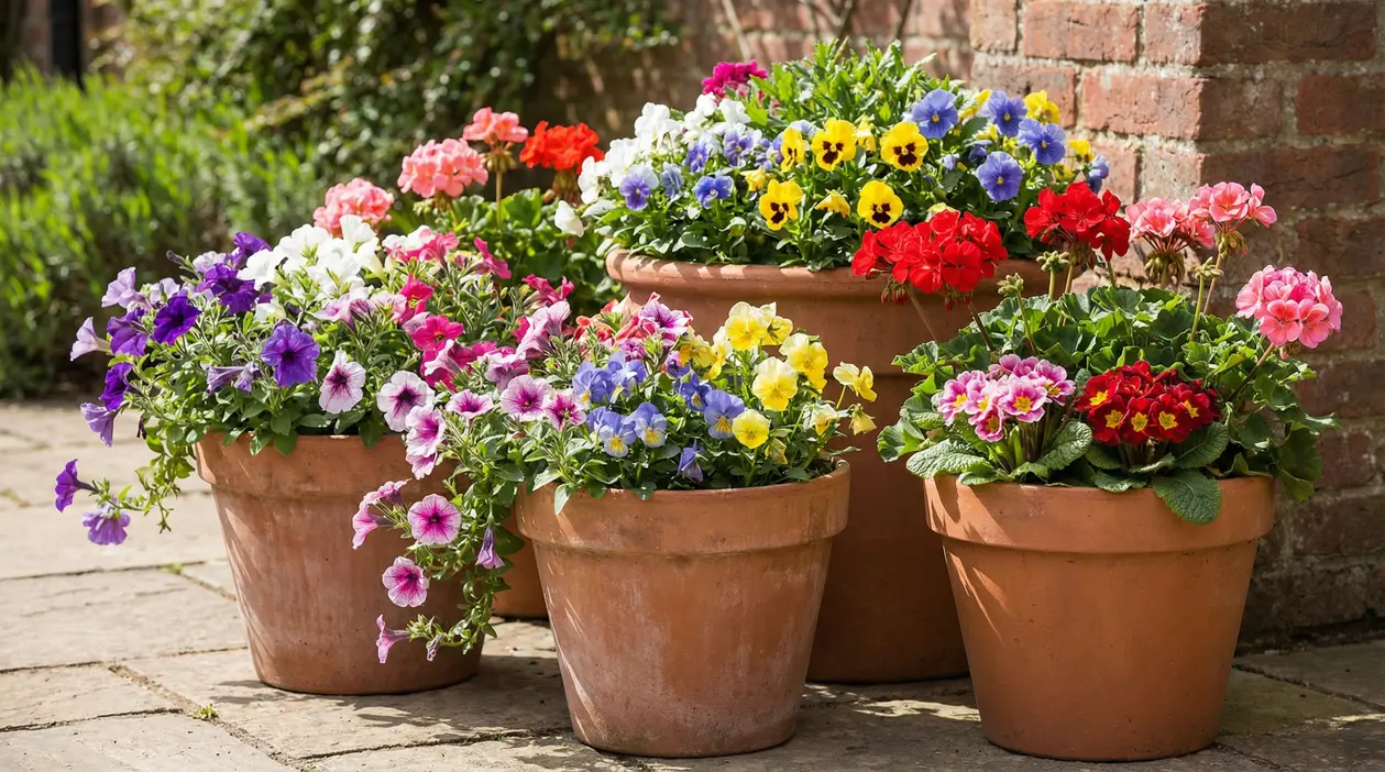 Vasi grandi in terracotta con fiori colorati da balcone in piena fioritura, appoggiati vicino a un muro di mattoni