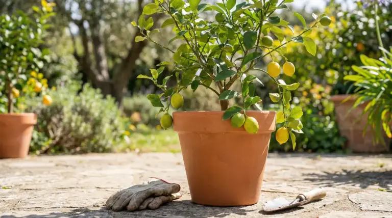 Pianta di limone in vaso di terracotta con frutti, in un giardino soleggiato con attrezzi da giardinaggio