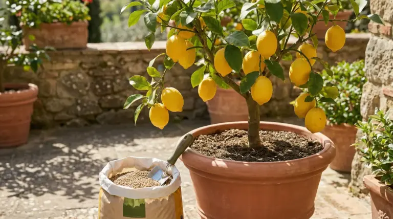 Albero di limone in vaso con limoni maturi e sacco di concime granulare con paletta, in terrazzo soleggiato