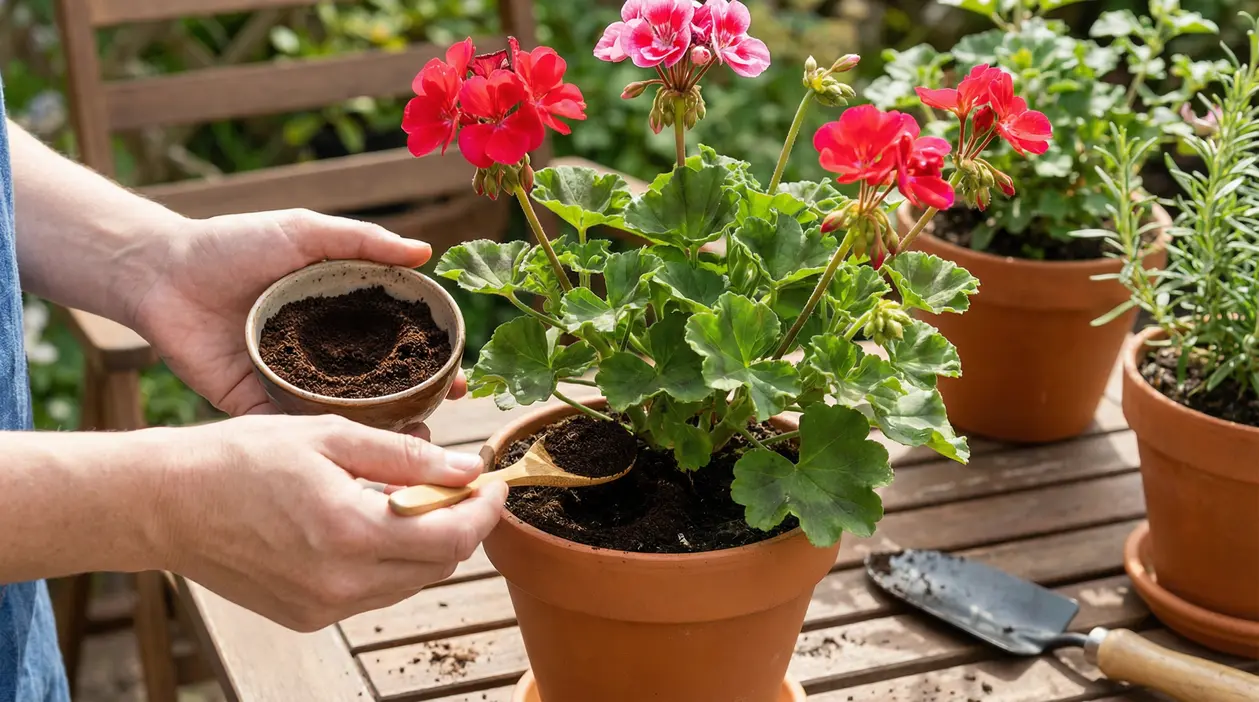 Mani che aggiungono fondo di caffè al terriccio di un geranio in vaso con fiori rossi su un tavolo da giardino